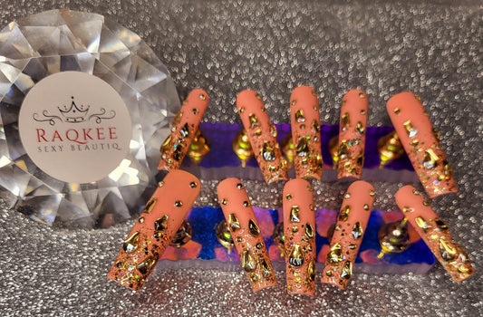 Glitter Gold French Tips Press On Nails With Rhinestones