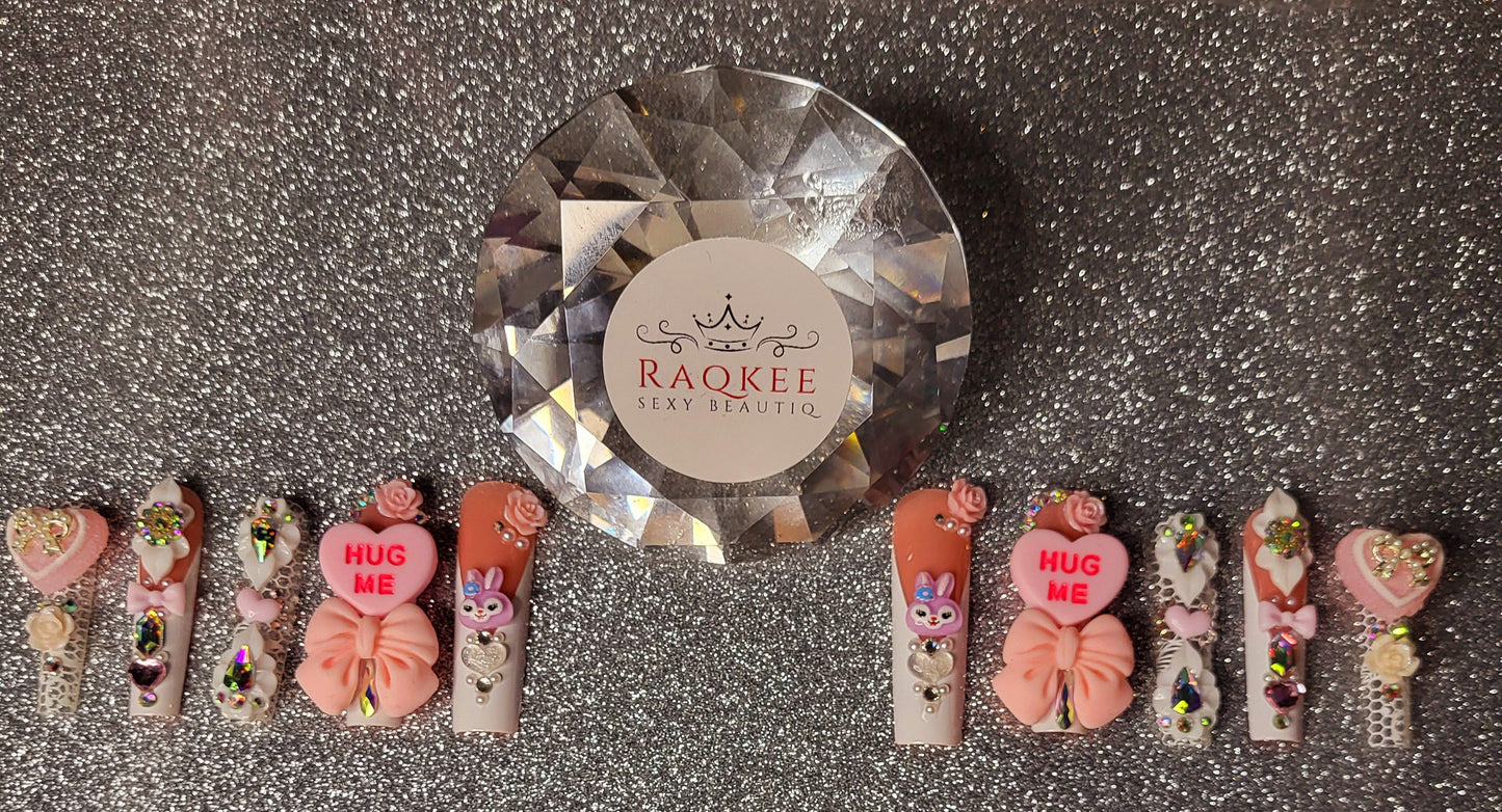 White French Tips Press On Nails With Rhinestones, Big Charms, And Lace Decor