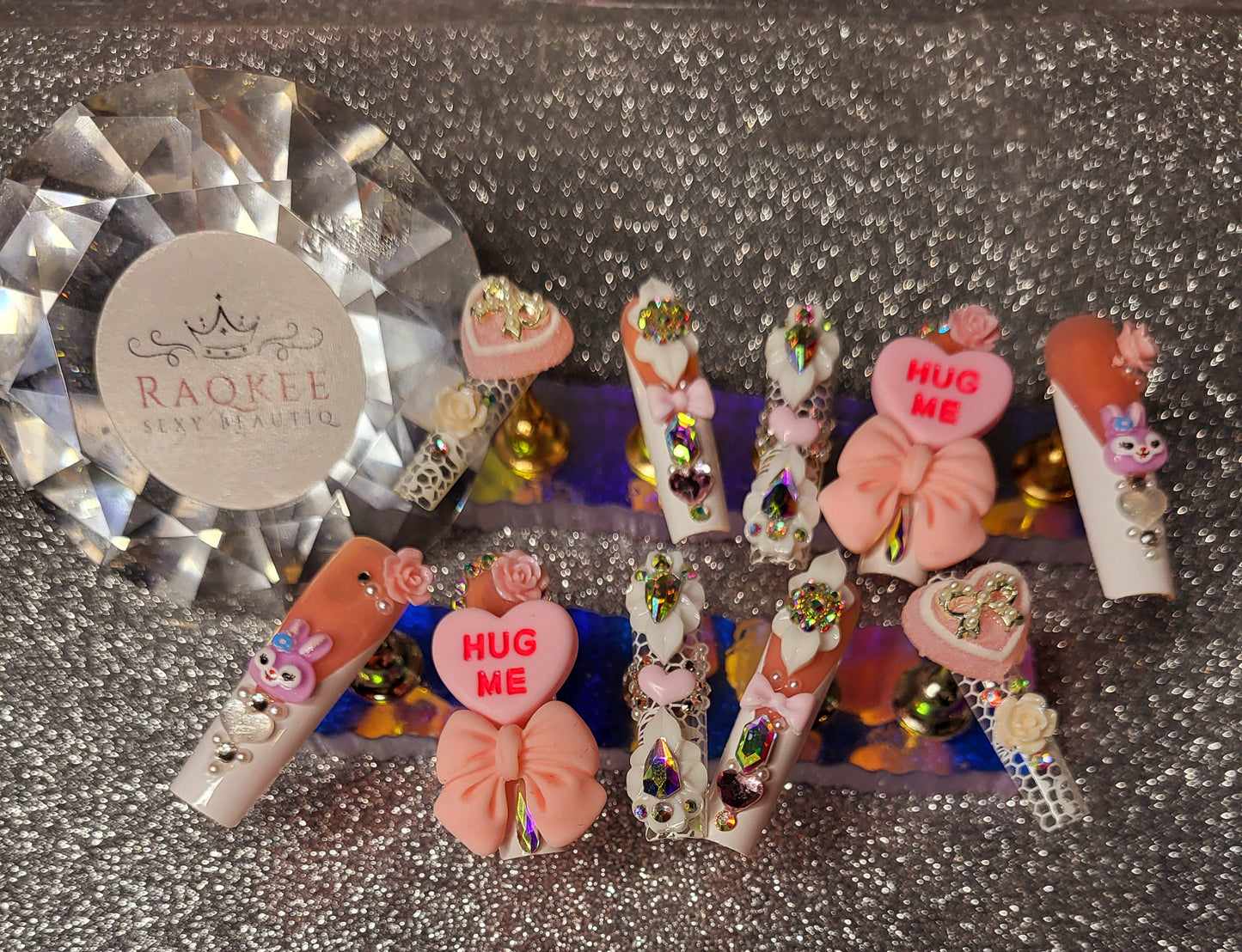 White French Tips Press On Nails With Rhinestones, Big Charms, And Lace Decor