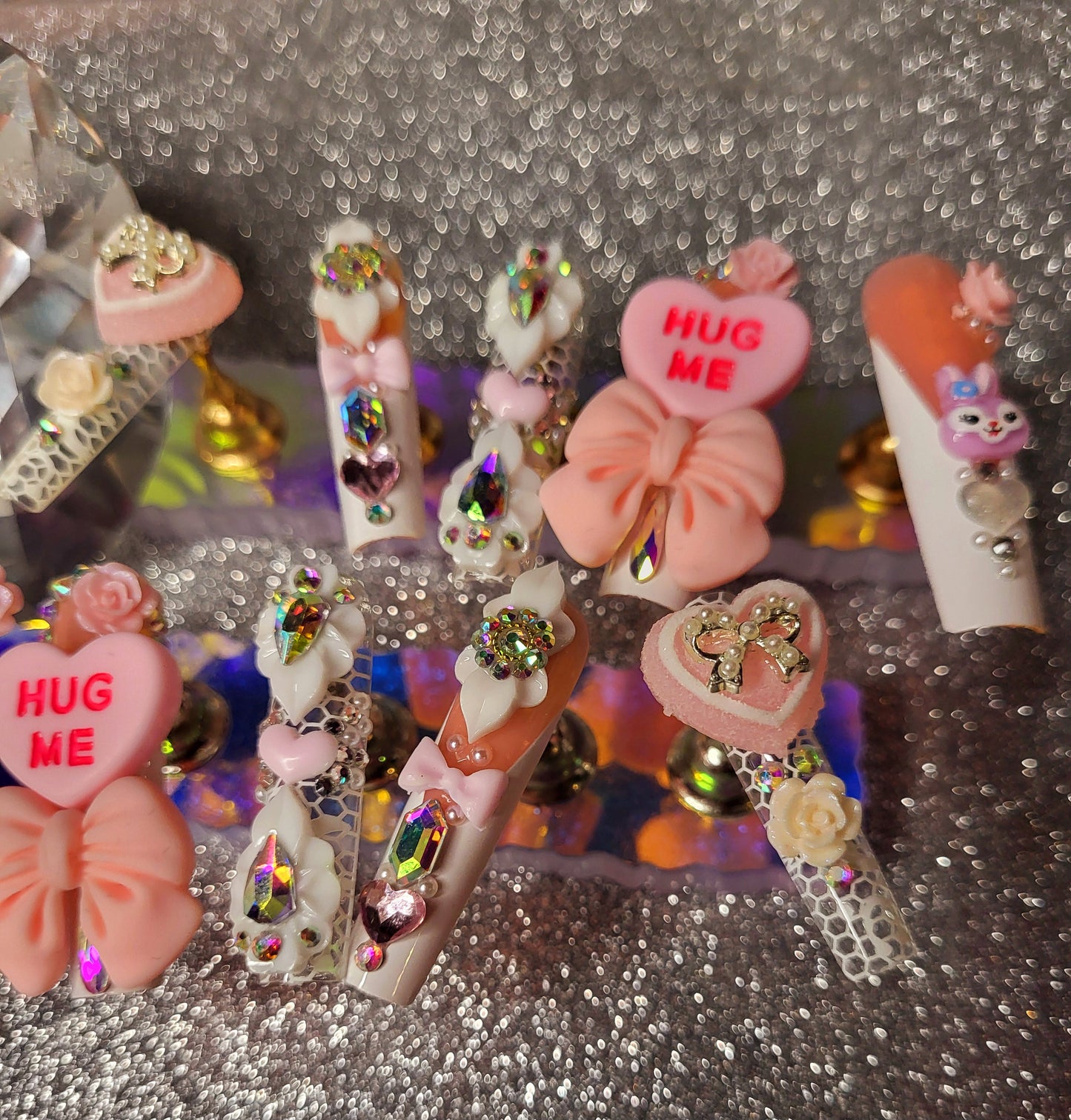 White French Tips Press On Nails With Rhinestones, Big Charms, And Lace Decor