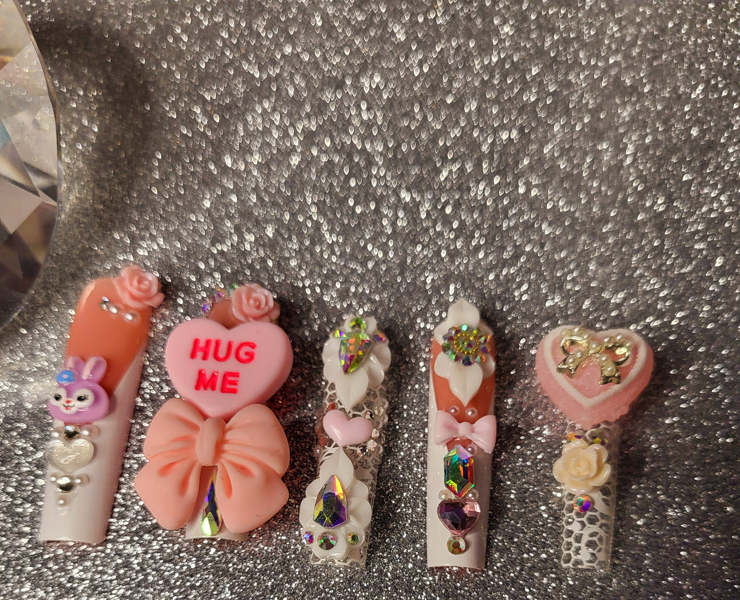 White French Tips Press On Nails With Rhinestones, Big Charms, And Lace Decor