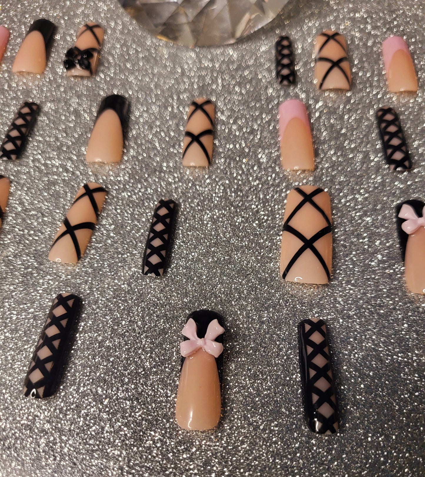 Black And Pink French Tips Press On Nails With Bow And Lace Decor