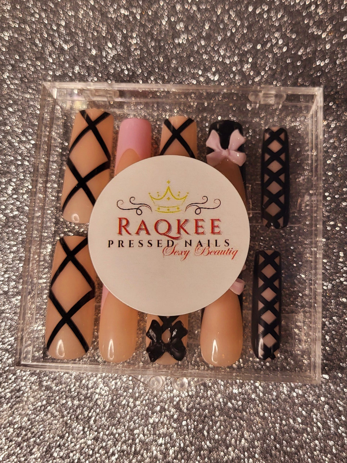 Black And Pink French Tips Press On Nails With Bow And Lace Decor