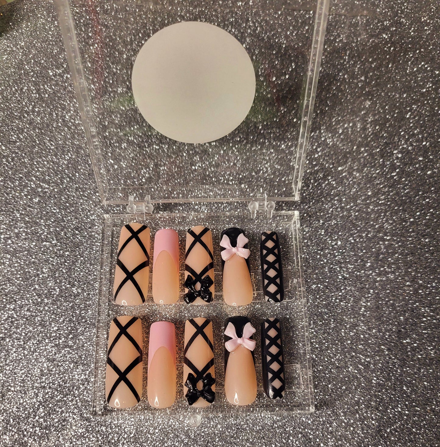 Black And Pink French Tips Press On Nails With Bow And Lace Decor