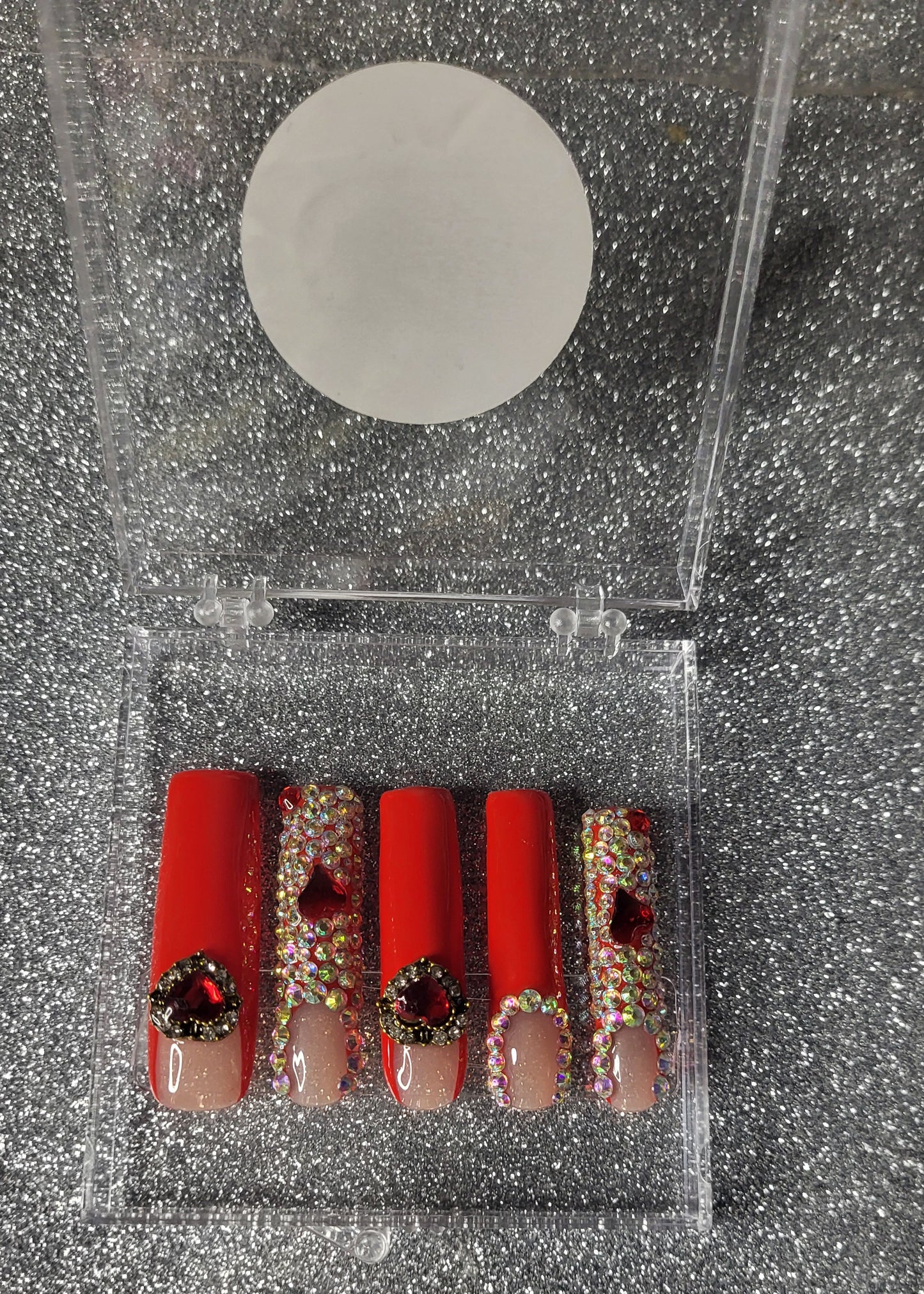 Red French Tips Press On Nails  With Rhinestones And Heart Jewels