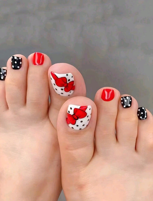 Polka Dots With Red Bow Design Press On Toe Nails
