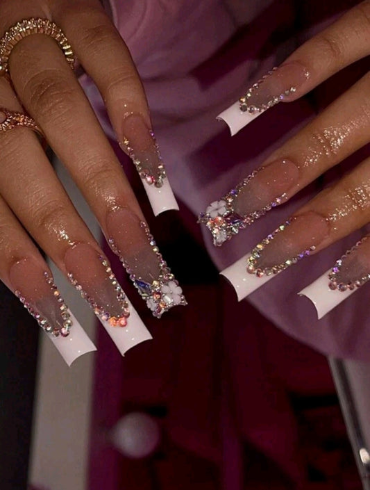 White French Tips Press On Nails With Glitter, Rhinestones And Floral Decor