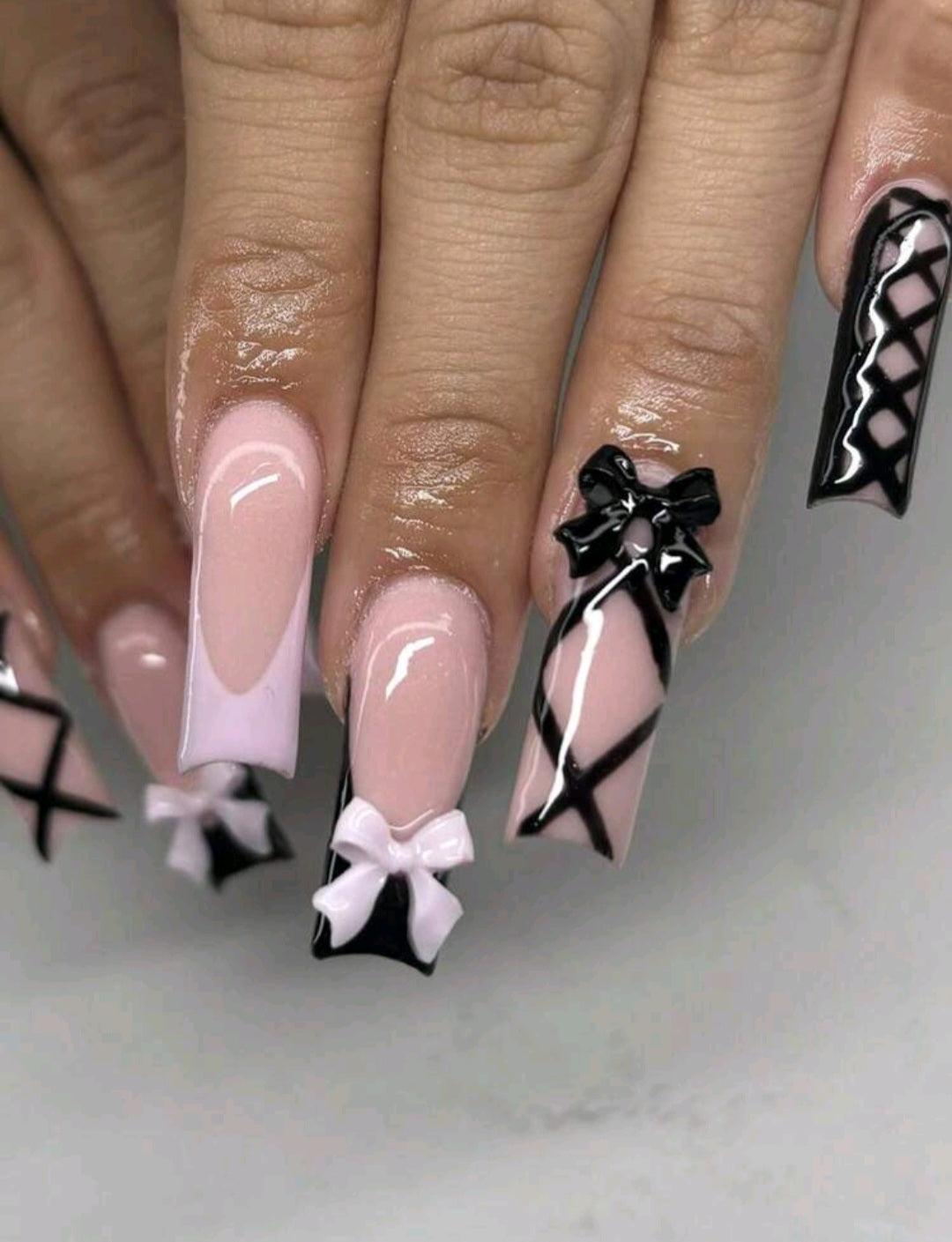 Black And Pink French Tips Press On Nails With Bow And Lace Decor