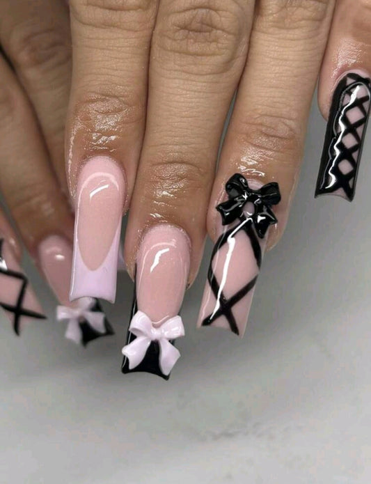 Black And Pink French Tips Press On Nails With Bow And Lace Decor