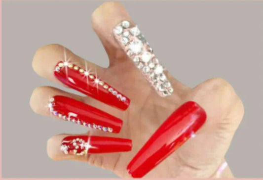 Red And Silver Press On Nails With Rhinestone Decor