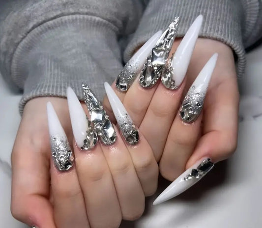 White Stiletto Press On Nails With Glitter And Rhinestone Decor