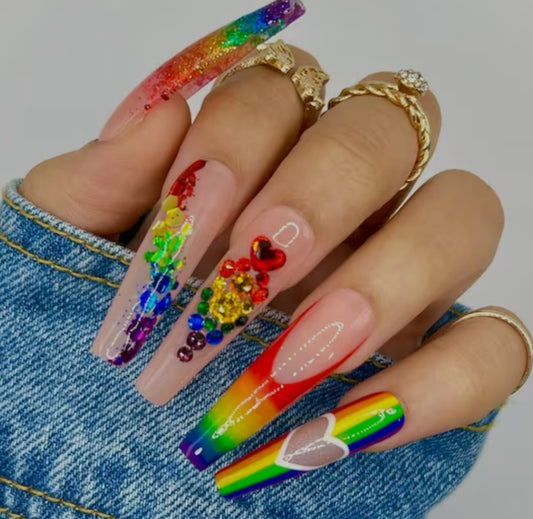PRIDE Rainbow Press On Nails With Rhinestones And Heart Designs