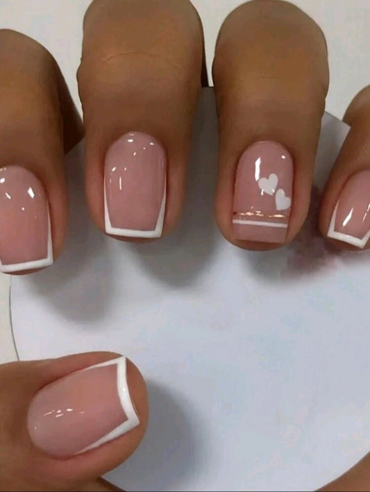 White Thin French Tips Press On Nails With Heart Designs