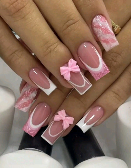 Pink And White French Tips Press On Nails With Bow Decor