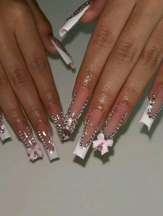 White French Tips Press On Nails With Rhinestones And Bow Decor