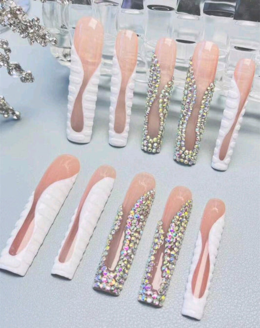 XL White French Tips With Unique Design Press On Nails With Rhinestones