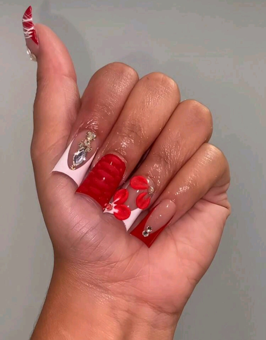 Red And White Duck Shaped Press On Nails With Rhinestones And Floral Decor