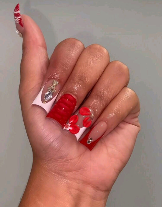 Red And White Duck Shaped Press On Nails With Rhinestones And Floral Decor