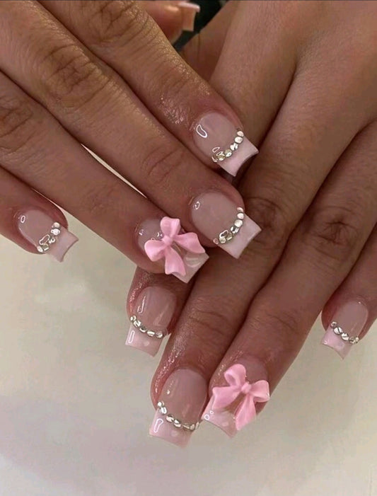 Pink French Tips Press On Nails With Rhinestones And Bow Decor