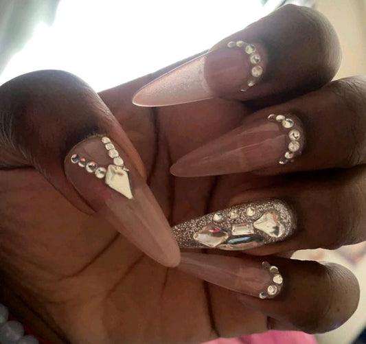 Nude Press On Nails With Rhinestone Decor