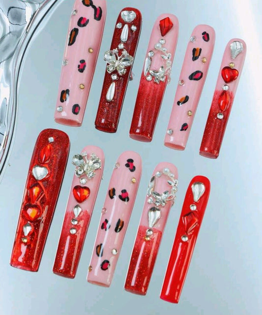 XL Red Press On Nails With Leopard Print Designs And Rhinestones