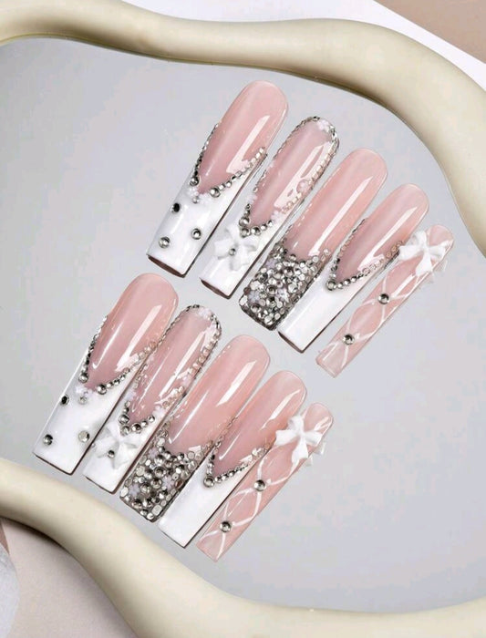 XL White French Tips Press On Nails With Rhinestones And Bow Decor
