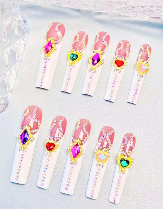 XL Bejeweled White French Tips Press On Nails