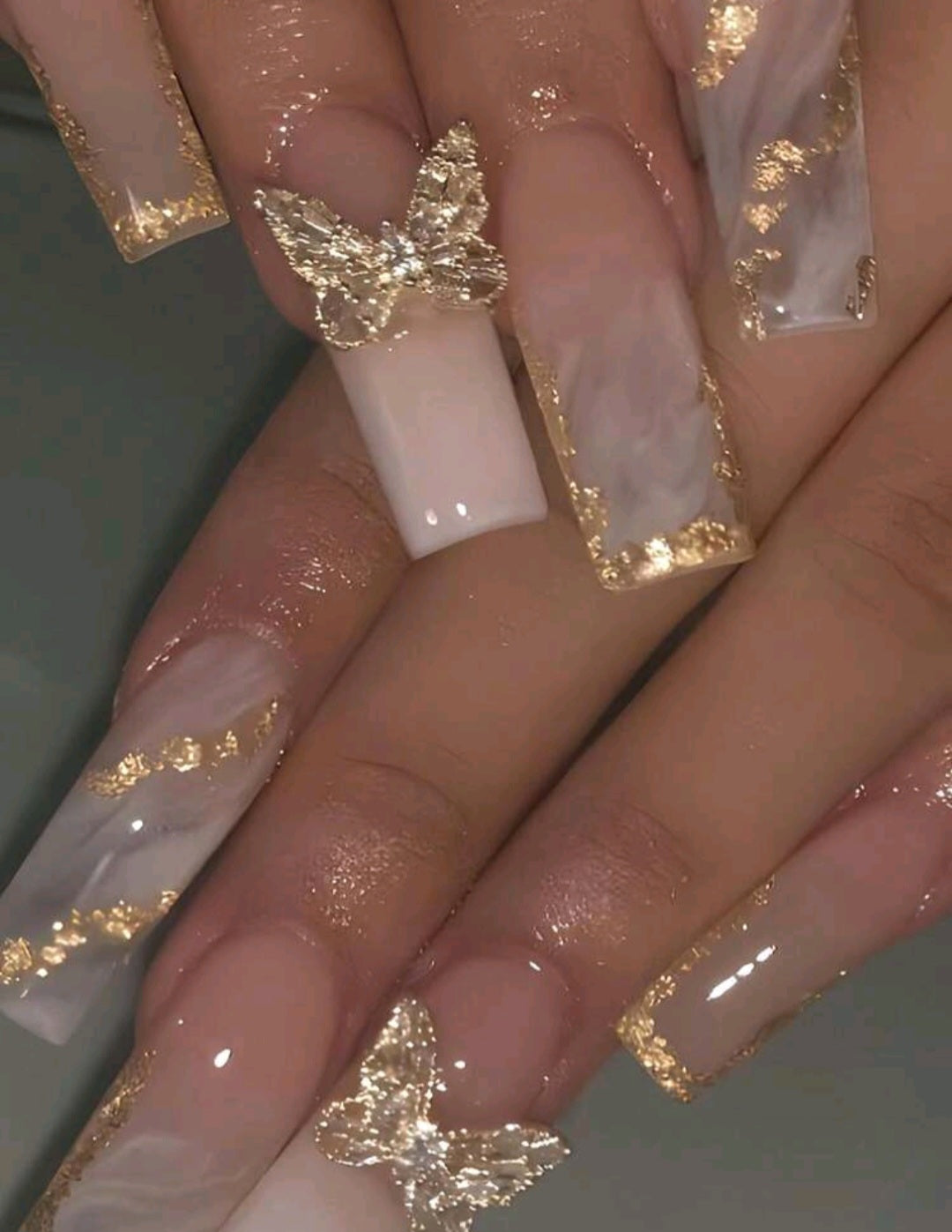 Gold Marble Design Press On Nails With 3D Butterfly Decor