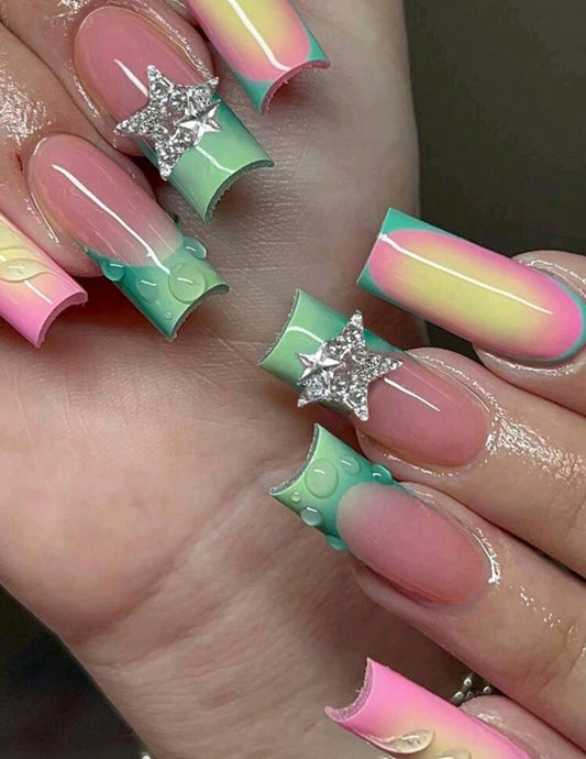 Ombre French Tips With 3D Gel Design And 3D Star Decor