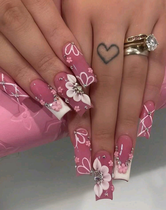 Pink Press On Nails With 3D Flowers And Rhinestones