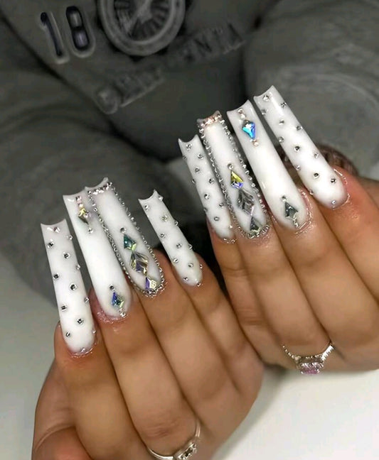 White Press On Nails With Rhinestones