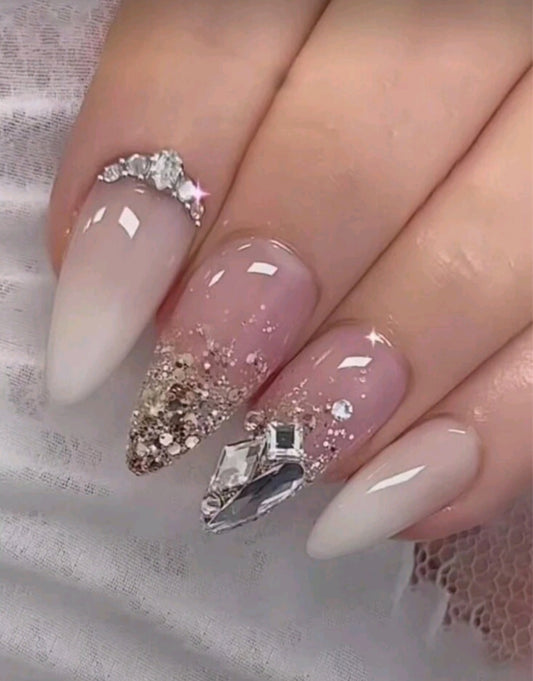 White Ombre Press On Nails With Rhinestones And Glitter