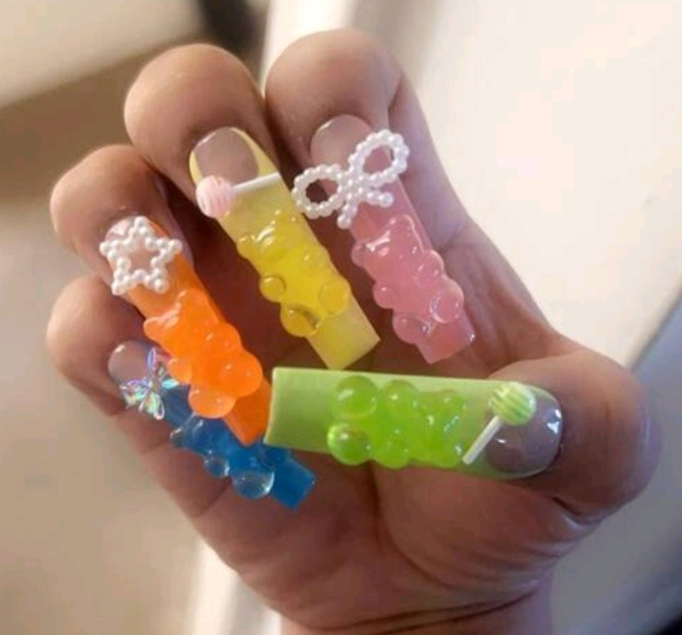 Colorful French Tips Press On Nails With 3D Gummy Bears, Lollipops, Stars And Bows