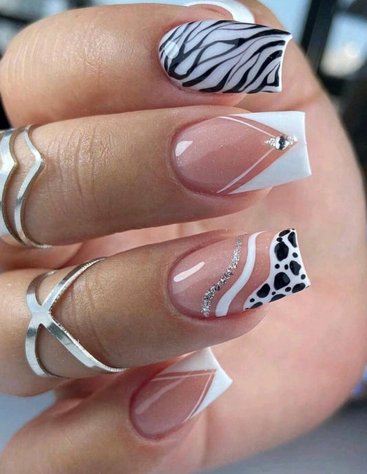 Zebra And Leopard Print Press On Nails With Glitter And Rhinestone