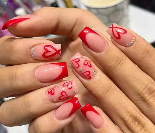 Red French Tips Press On Nails With Rhinestones And Heart Designs