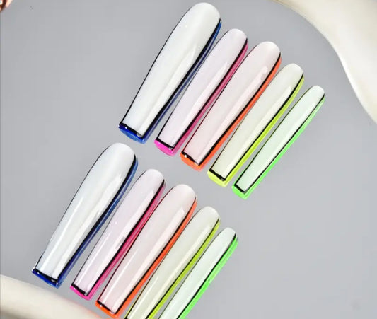 XL White Press On Nails With Colorful Outlines