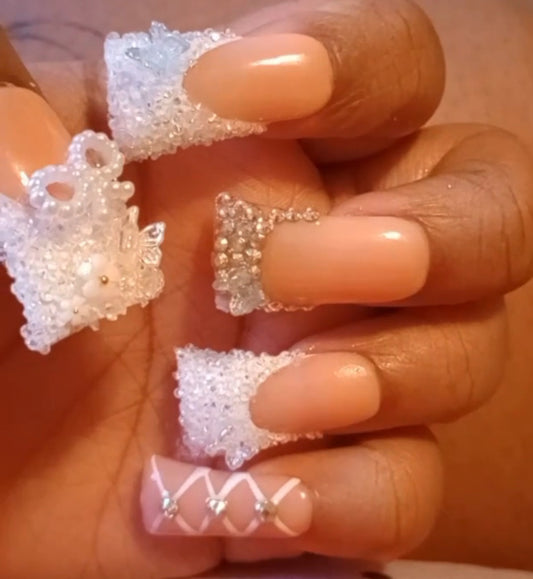 Sparkling White French Tips Press On Nails With 3D Decor And Rhinestones