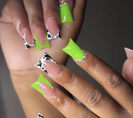 Lime Green And Cow Print French Tips Press On Nails With Rhinestones