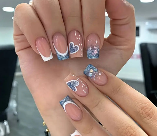 Glittery Blue And White French Tips Press On Nails With Heart Design