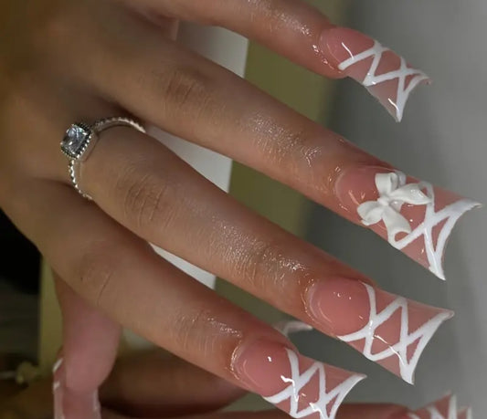 White Lace Up French Tips Press On Nails With 3D Bow