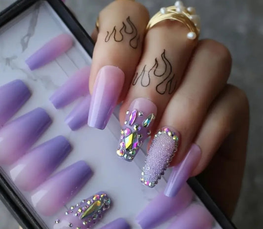 Purple Ombre Press On Nails With Rhinestones