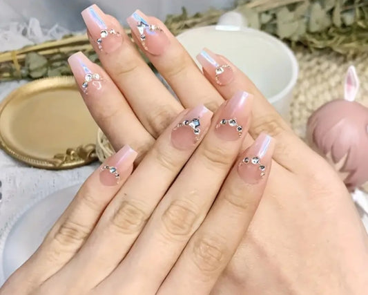 Baby Pink Press On Nails With Rhinestones
