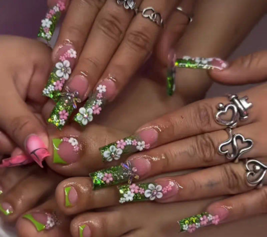 Green French Tips Press On Nails And Toe Nails Sets With 3D Floral Decor