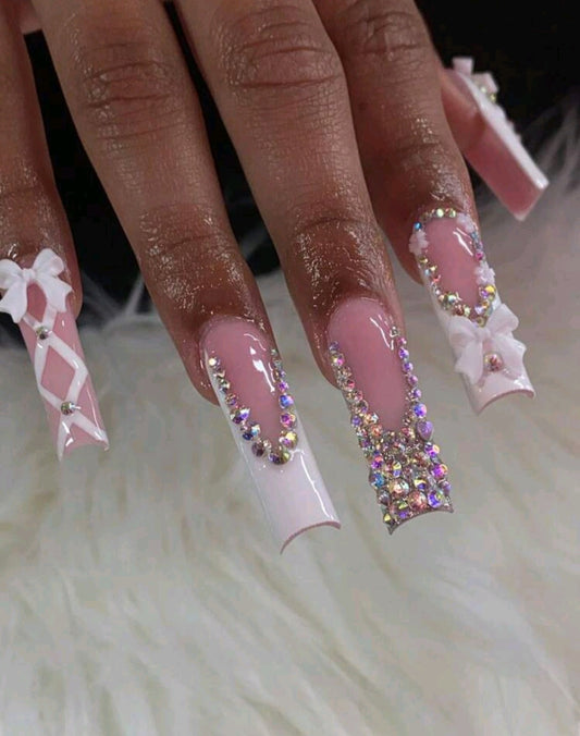 White And Rhinestone French Tips Press On Nails With Rhinestones, Bow Decor, And Lace Design