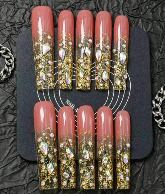 XL Glittery Gold French Tips Press On Nails With Big Rhinestones