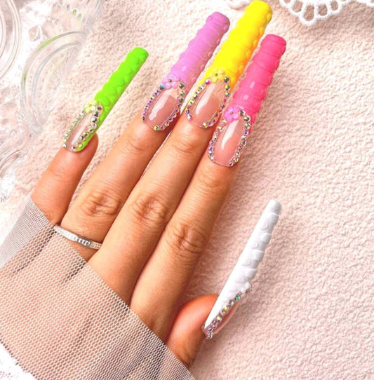 XL Multi Color French Tips Press On Nails With Rhinestones And Flower Decor