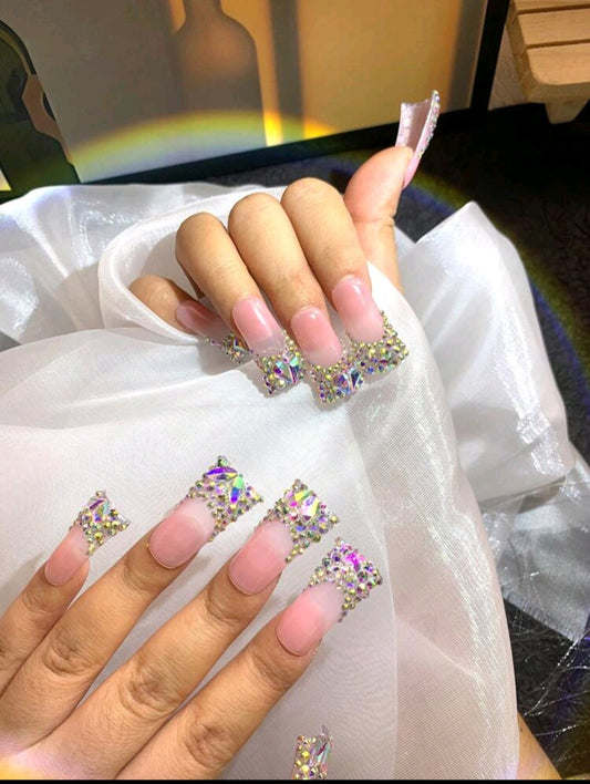 Rhinestone French Tips Press On Nails With Heart Jewels