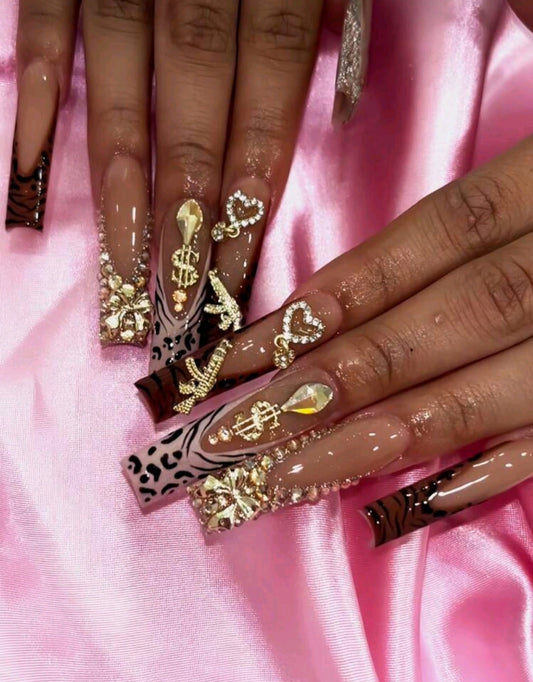 Leopard Print, Zebra Print, Rhinestones And Glitter French Tips Press On Nails With 3D Decor