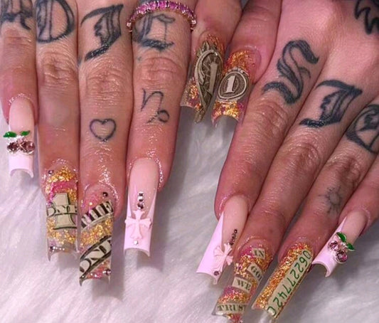Pink And Gold Money Press On Nails With 3D Decor