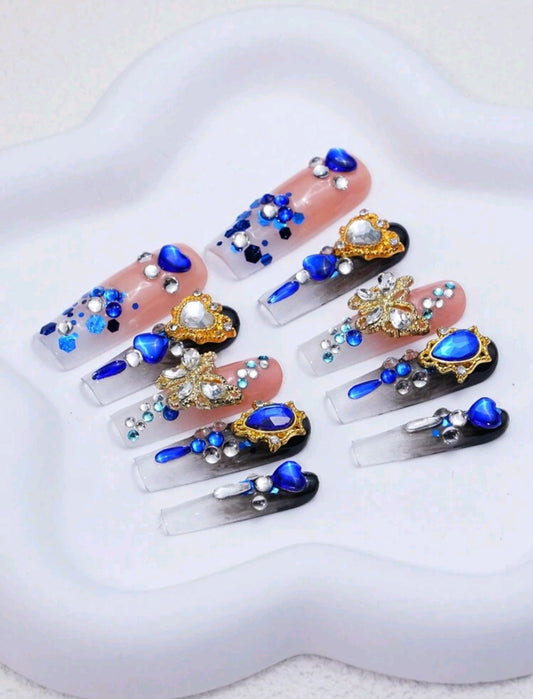 Ombre Press On Nails With Blue And Silver Rhinestones, 3D Decor